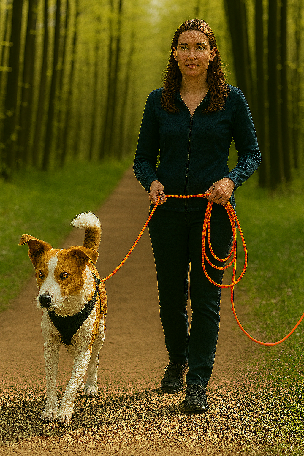 Frau beim Mantrailing mit Mischling